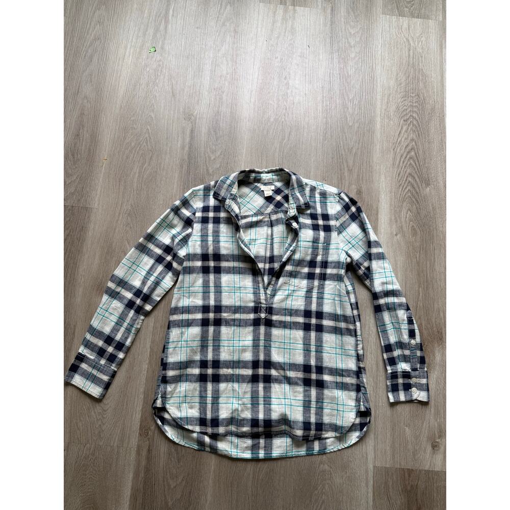 J. Crew Women's Flannel, XS Petite, blue white, Long Sleeve, pullover, collar